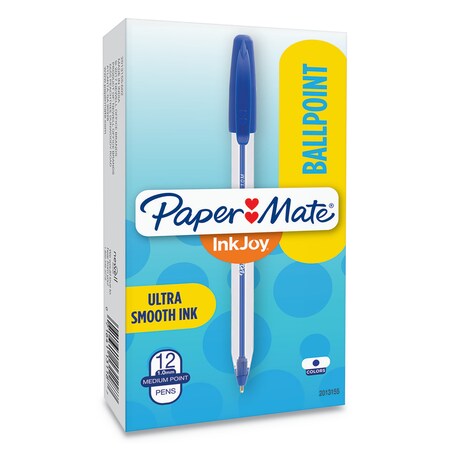 Paper Mate InkJoy 50ST Stick Ballpoint Pen, Med 1mm, Blue Ink, Clear Barrel, PK12 2013155